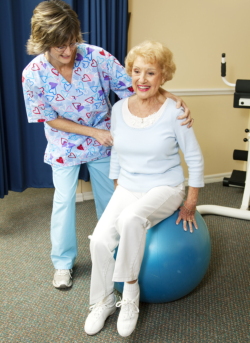 senior and caregiver doing physical therapy